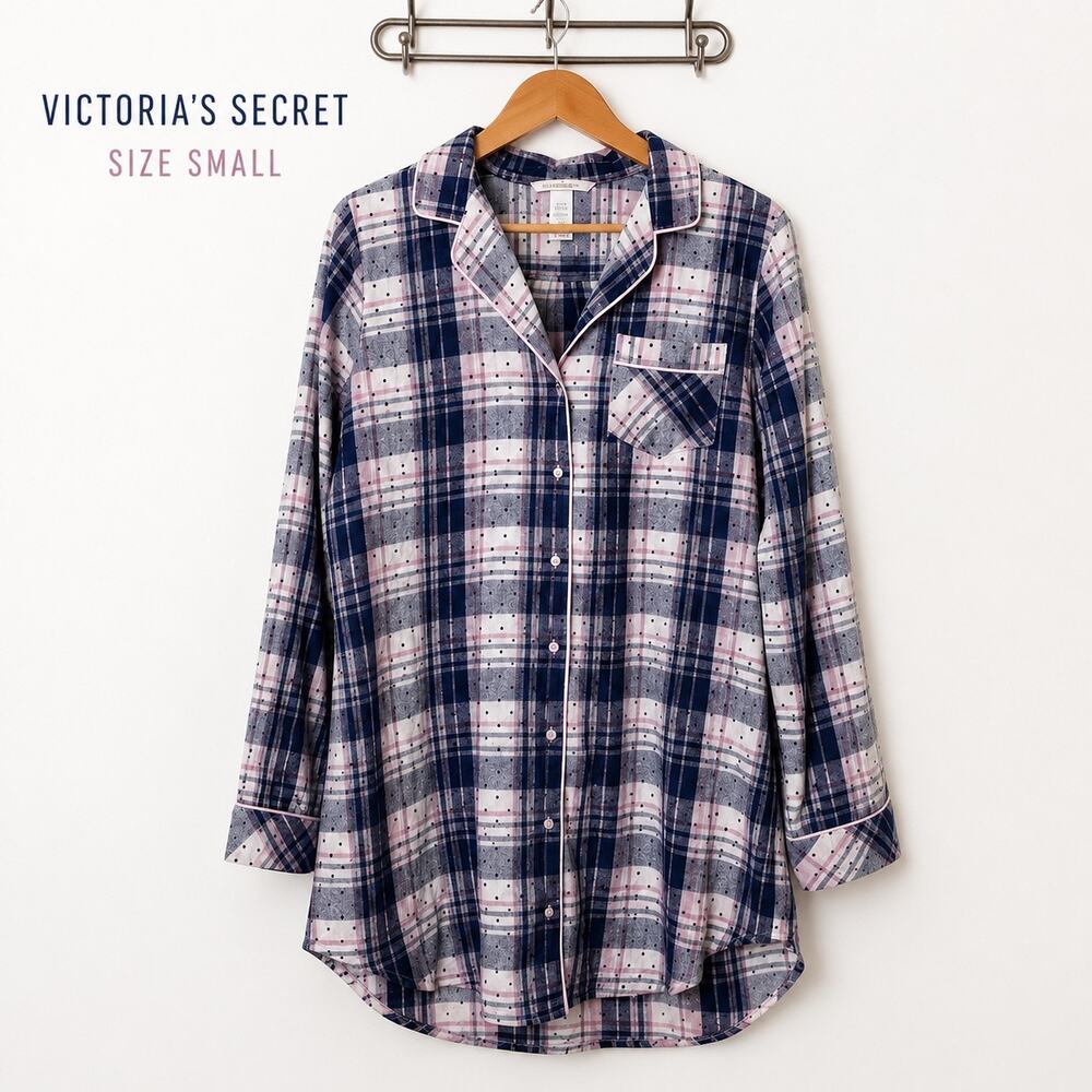 Victoria’s Secret Plaid Flannel Sleep Shirt Small Pink Blue Cotton Modal